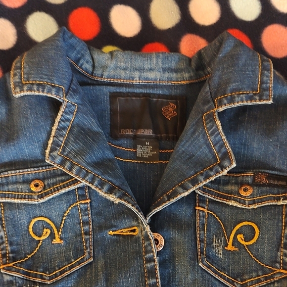 Y2K Rocawear Gold Embroidered Distressed  Blue Denim Fitted Jacket SZ Medium - Picture 1 of 16